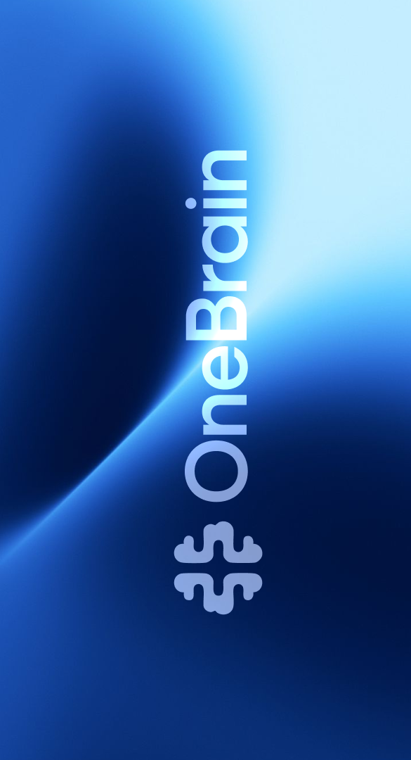 The original OneBrain wordmark in a flowing blue light field