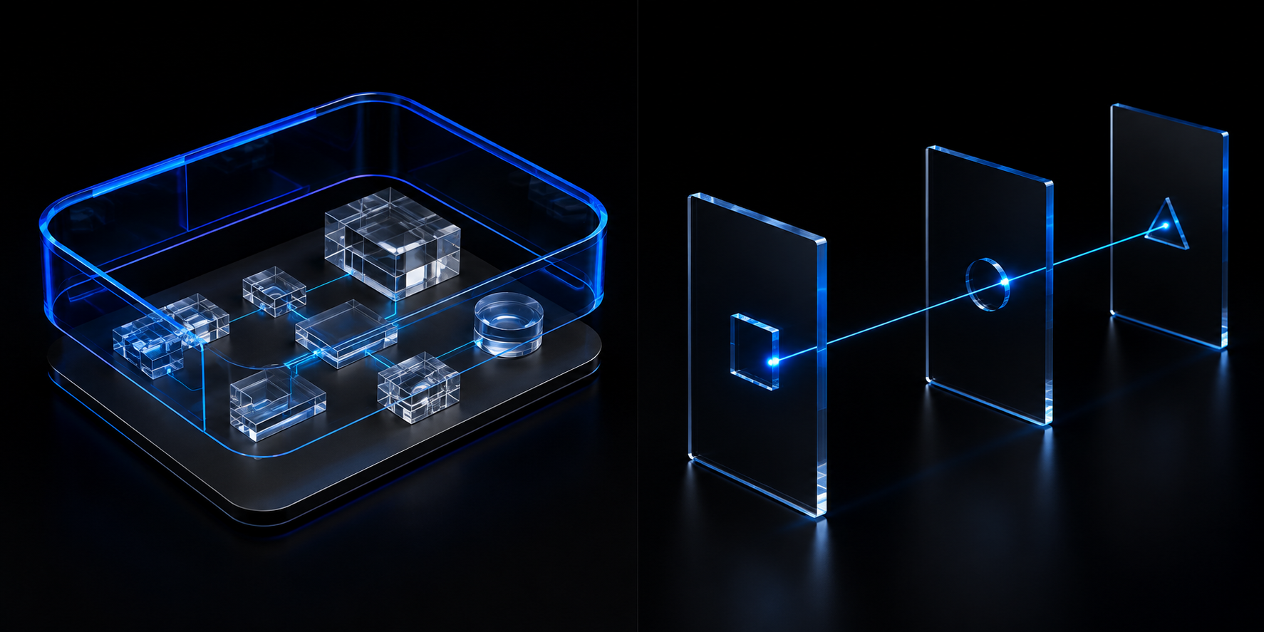 Distinct glass elements representing a company, surrounded and connected by a transparent blue intelligence layer